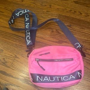 NAUTICA nylon crossbody camera bag. Hot pink and navy blue.